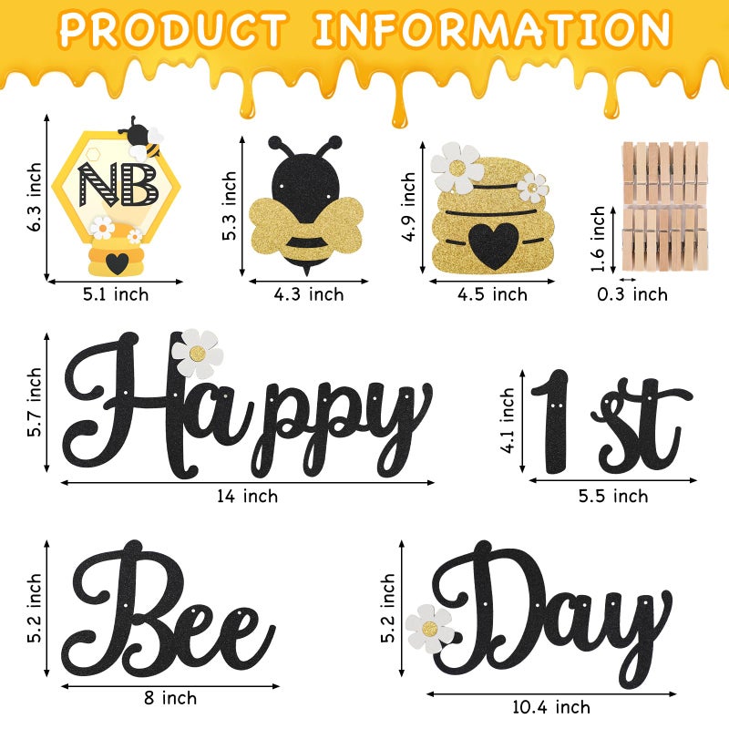 Faisichocalato 3PCS Happy Bee Day Party Decorations, Bumble Honey Bee 1st Birthday Baby Photo Banner for Newborn to 12 Months, Monthly Milestone Photograph Bunting Garland, First Birthday Celebration Decorations - Image 3